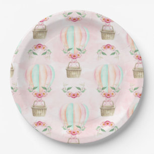 Watercolor Hot Air Balloon Mint Pink Peach Paper Plate
