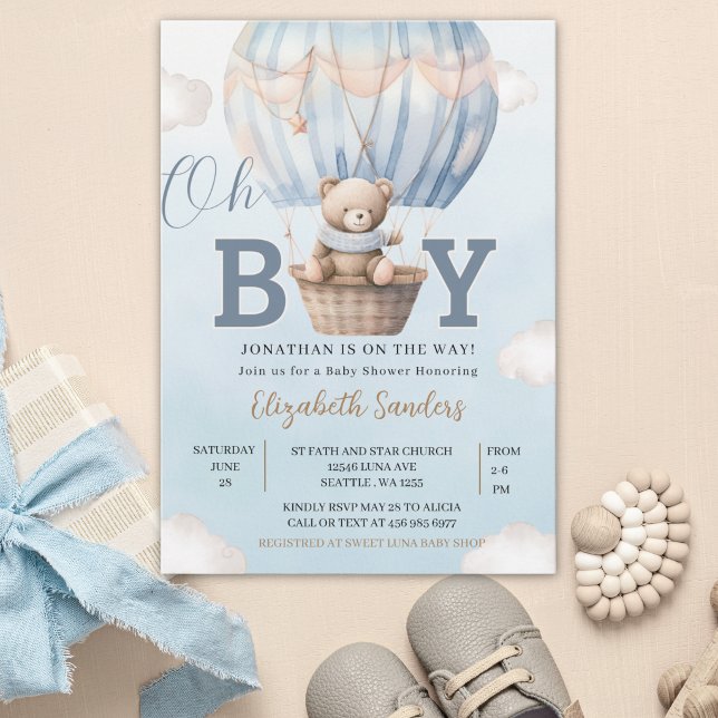 Watercolor Hot Air Balloon Teddy Bear Baby Shower Invitation (Creator Uploaded)