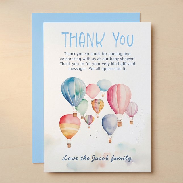 Watercolor hot air balloons baby shower thank you card (Watercolor hot air balloons baby shower thank you)