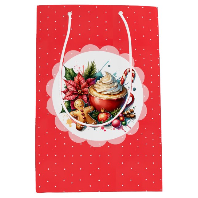Watercolor Hot Cocoa, Candy Canes Christmas Medium Gift Bag (Front)