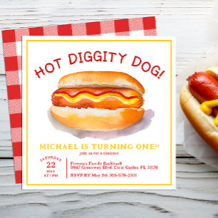 Watercolor Hot Dog Birthday Invitation – Kids BBQ 