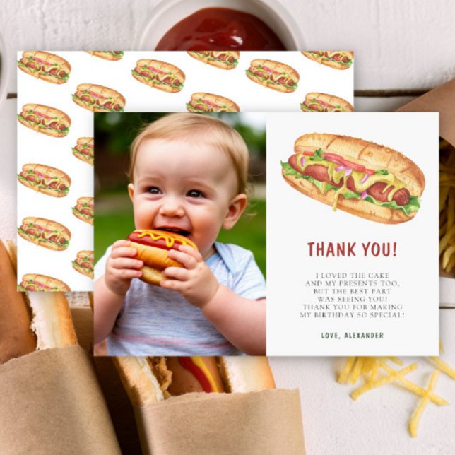 Watercolor Hot Dog First Birthday Party Thank You Card (Creator Uploaded)