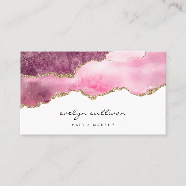watercolor hot pink agate beauty salon business card (Front)