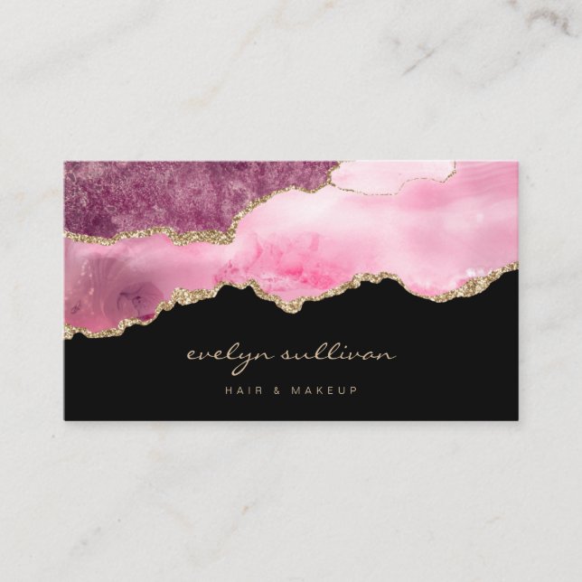 watercolor hot pink agate on black business card (Front)