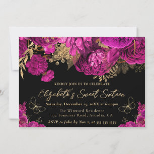 Watercolor Hot Pink and Gold Flowers Sweet Sixteen Invitation