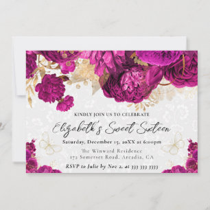 Watercolor Hot Pink and Gold Flowers Sweet Sixteen Invitation