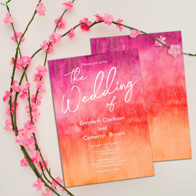 Watercolor Hot Pink and Orange Wedding Invitation (#hotpinkandorangeinvitation #brightandbold #spring #watercolorinvitation)