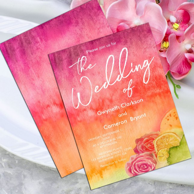 Watercolor Hot Pink and Orange Wedding Invitation (#WatercolorWedding #FloralInvite #TropicalWedding #ElegantStationery #ZazzleDesign)