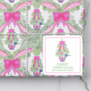 Watercolor Hot Pink Bow Ginger Jar Christmas Gift Square Sticker