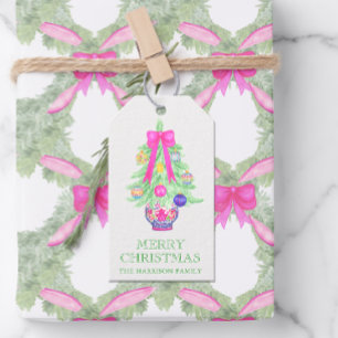Watercolor Hot Pink Bow Ginger Jar Christmas Gift Tags