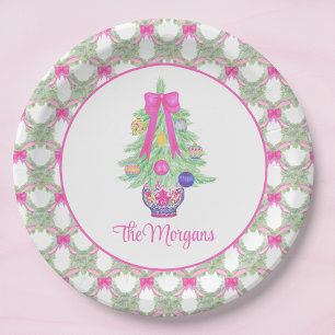 Watercolor Hot Pink Bow Ginger Jar Christmas Tree Paper Plate