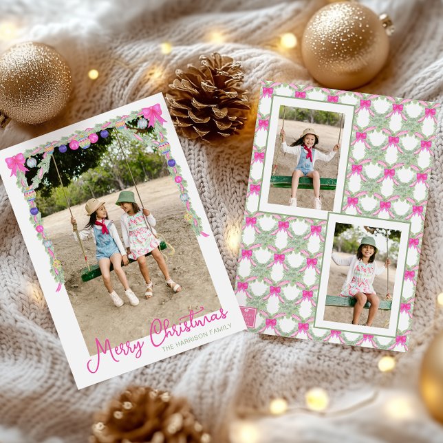 Watercolor Hot Pink Bows Garland Christmas Photo Holiday Card (Creator Uploaded)