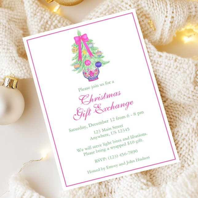 Watercolor Hot Pink Bows Ginger Jar Christmas Tree Invitation (Creator Uploaded)