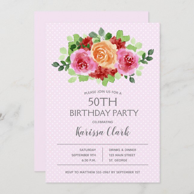 Watercolor Hot Pink Floral Birthday Invitations (Front/Back)