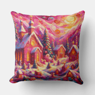 Watercolor Hot Pink House Christmas Motifs Holiday Cushion