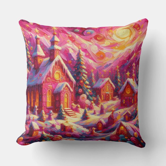 Watercolor Hot Pink House Christmas Motifs Holiday Cushion (Front)