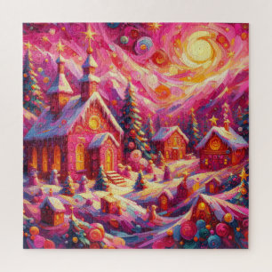 Watercolor Hot Pink House Christmas Motifs Holiday Jigsaw Puzzle