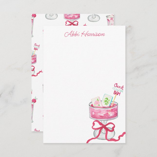 Watercolor Hot Pink Mahjong Cocktails Thank You Card (Front/Back)