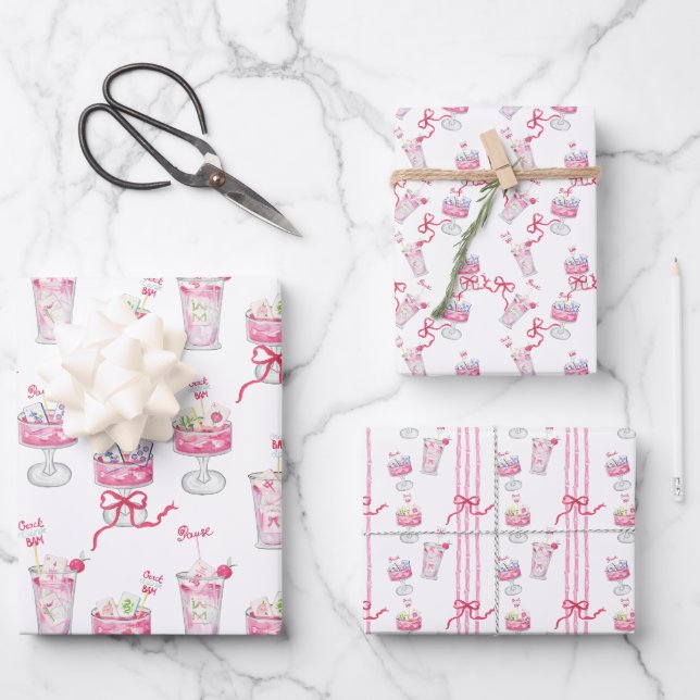 Watercolor Hot Pink Mahjong Cocktails Wrapping Paper Sheet (Front)