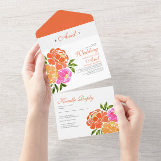 Watercolor Hot Pink Orange Floral Boho Wedding All In One Invitation