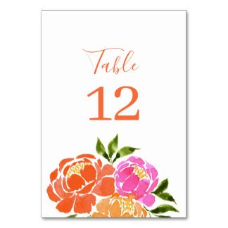 Watercolor Hot Pink Orange  Floral   Table Number