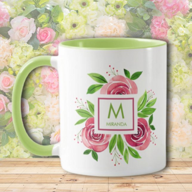 Watercolor Hot Pink Roses Lime Monogram Two-Tone Mug (Creator Uploaded)