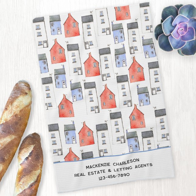 Watercolor House Art Real Estate Letting Agent Tea Towel (Watercolor house art pattern custom text real estate letting agent kitchen towel housewarming gift)