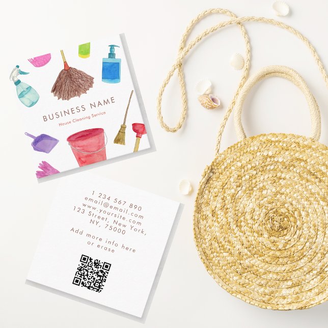 Watercolor House Cleaning Supplies QR Code Square Business Card (Creator Uploaded)