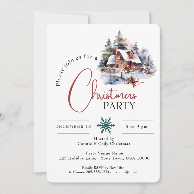 WATERCOLOR HOUSE IN SNOW, CHRISTMAS PARTY INVITATION (Front)