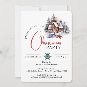 WATERCOLOR HOUSE IN SNOW, CHRISTMAS PARTY INVITATION