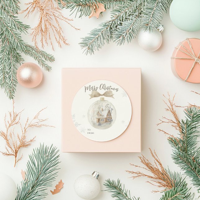 Watercolor House in Snow Globe Christmas Classic Round Sticker (Creator Uploaded)