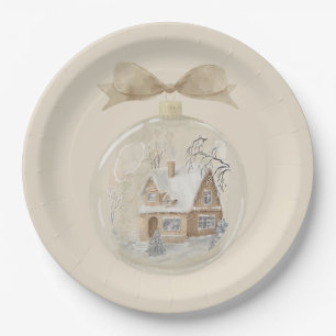 Watercolor House in Snow Globe Paper Plate