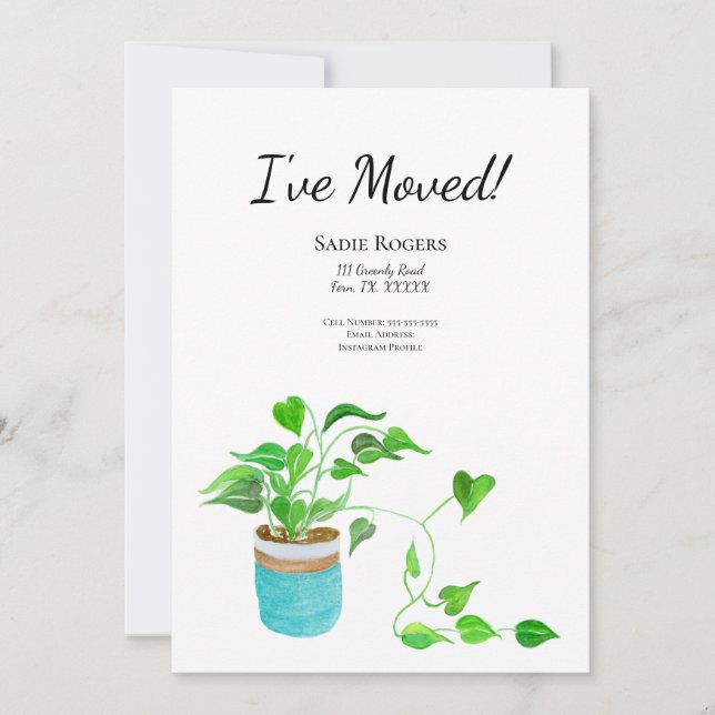 Watercolor House Plant Pothos Plant Moving Invitation (Front)