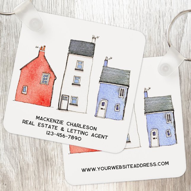 Watercolor House Real Estate Agent Promotional Key Ring (Watercolor house art business promotional keychain for real estate letting agent client customer)