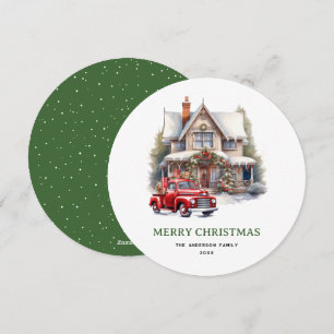 Watercolor House Red Truck Merry Christmas Card