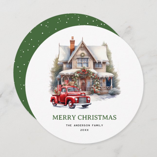 Watercolor House Red Truck Merry Christmas Card (Front/Back)
