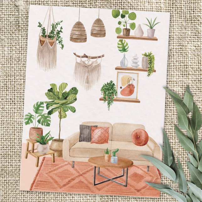 Watercolor Houseplants in Bohemian Style House Postcard (Close up)