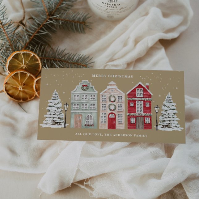 Watercolor Houses Beige Holiday Card (Creator Uploaded)