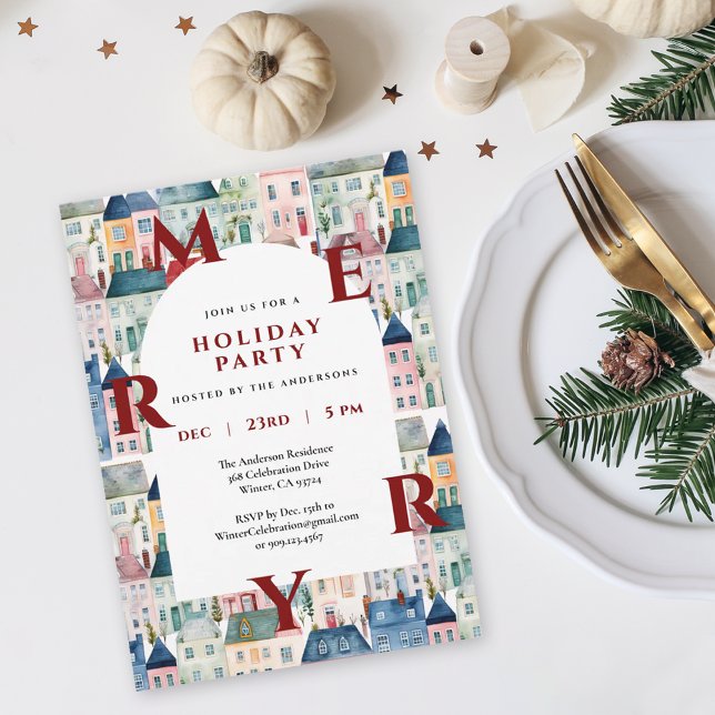 Watercolor Houses Red Merry Christmas Party  Invitation (Creator Uploaded)