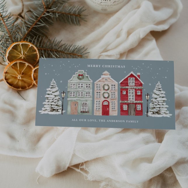 Watercolor Houses Slate Blue Holiday Card (Creator Uploaded)