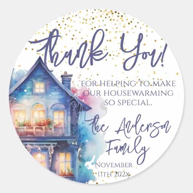 Watercolor Housewarming Party Favour Classic Round Sticker (Front)