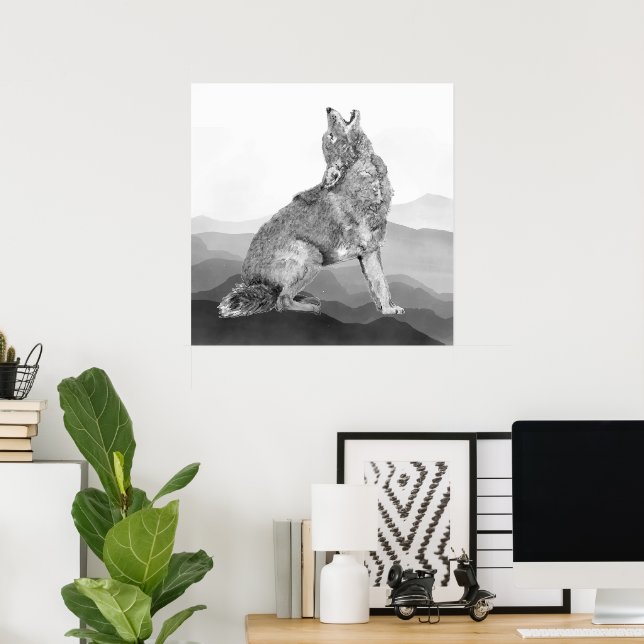 Watercolor Howling Coyote Animal Art Poster (Home Office)