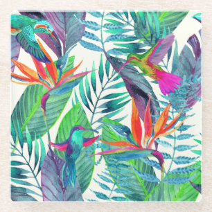 Watercolor Humminbirds In The Jungle 2 Glass Coaster