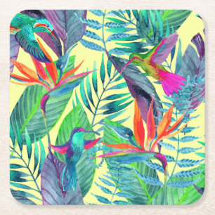 Watercolor Humminbirds In The Jungle 2 Square Paper Coaster