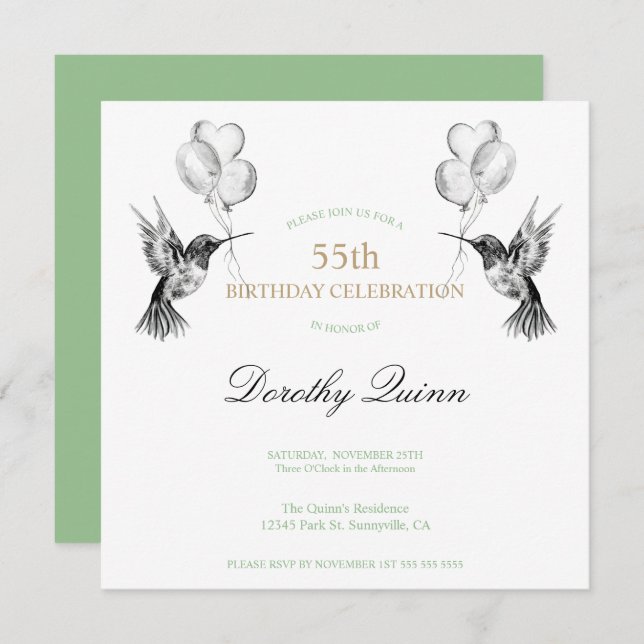 Watercolor Hummingbird and Balloons Birthday Invitation (Front/Back)
