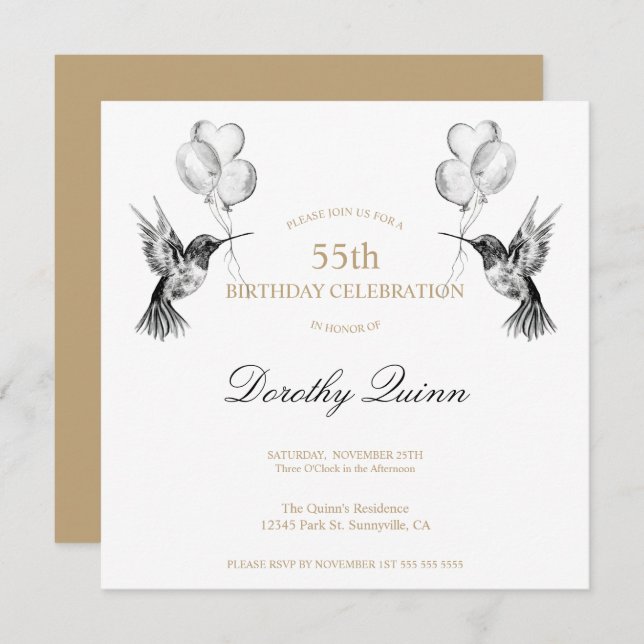 Watercolor Hummingbird and Balloons Birthday Invitation (Front/Back)