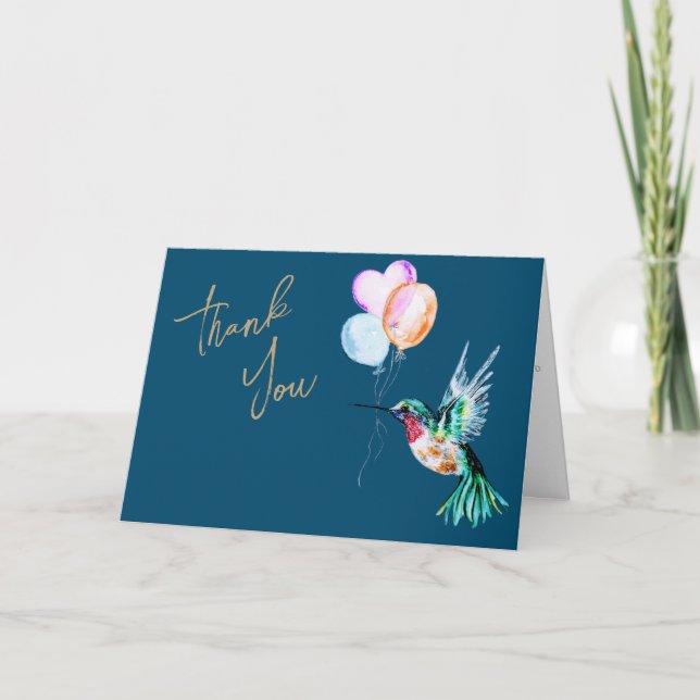 Watercolor Hummingbird and Balloons Thank You Card (Front)