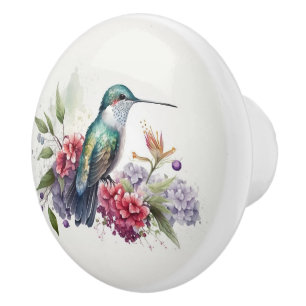 Watercolor Hummingbird and Flowers Ceramic Knob