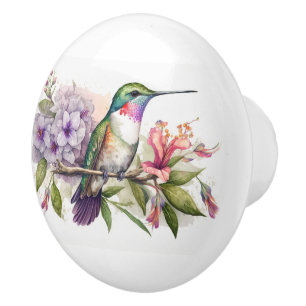 Watercolor Hummingbird and Flowers Ceramic Knob