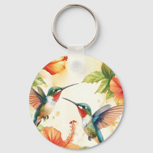 Watercolor Hummingbird and Flowers Design Key Ring
